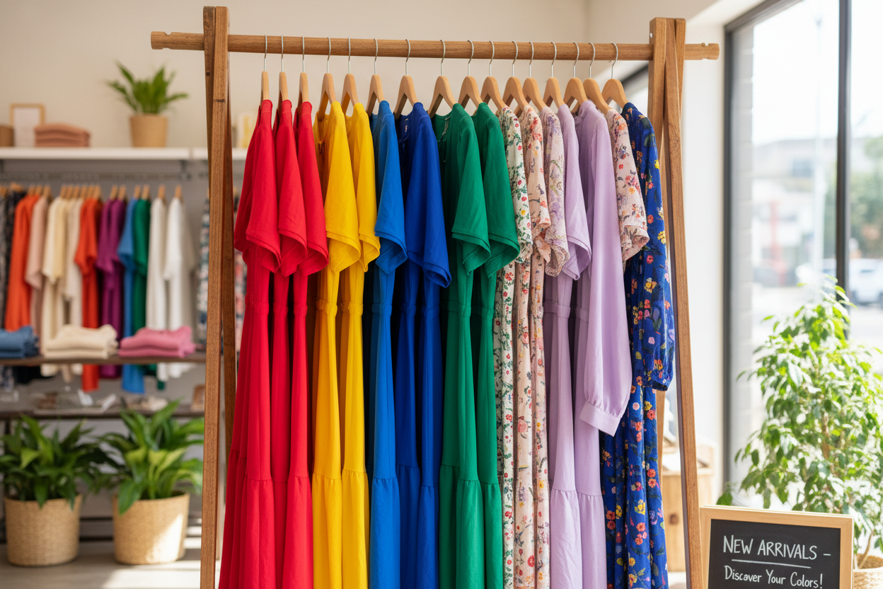 make an image womens readymade cloth store as dresses is hanging on a stand with wood hanger as colourfull 